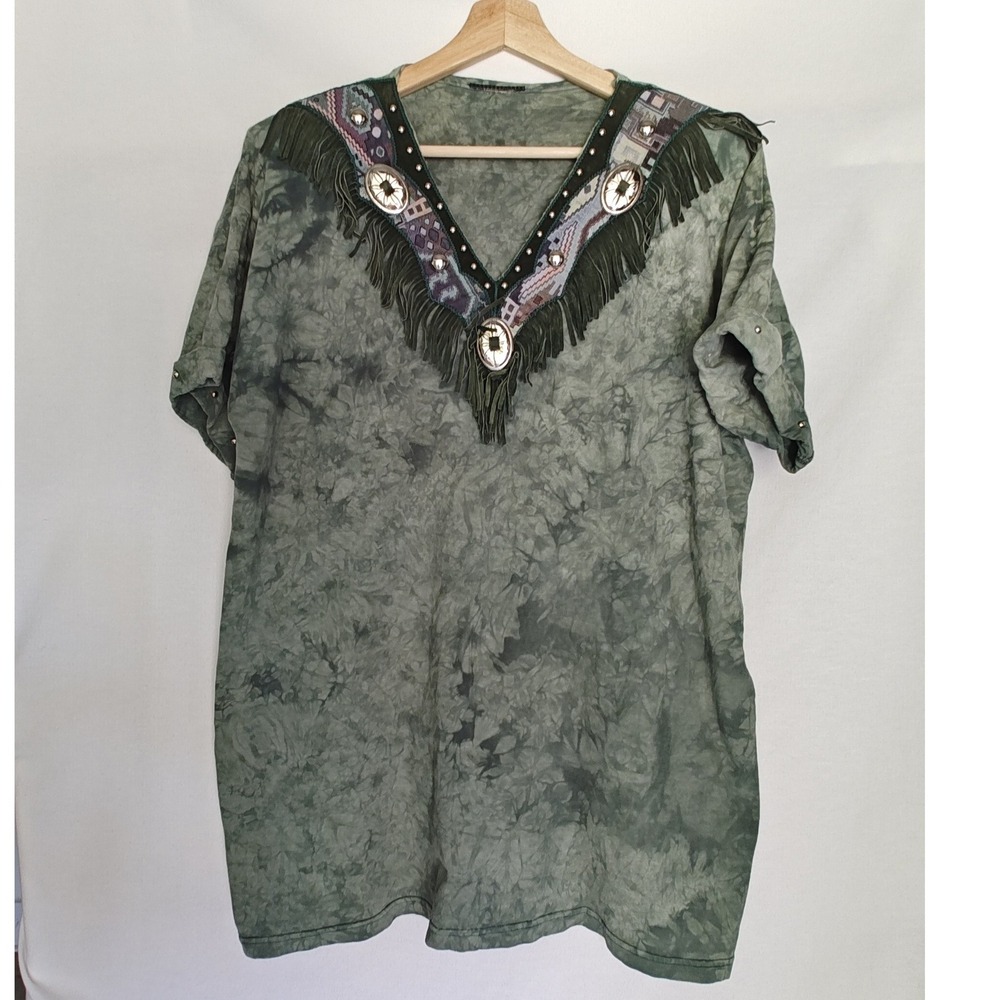 Western Fringe Embellished V Neck Shirt Green Tie Die Tee Conch Silver L XL Art - Picture 2 of 10